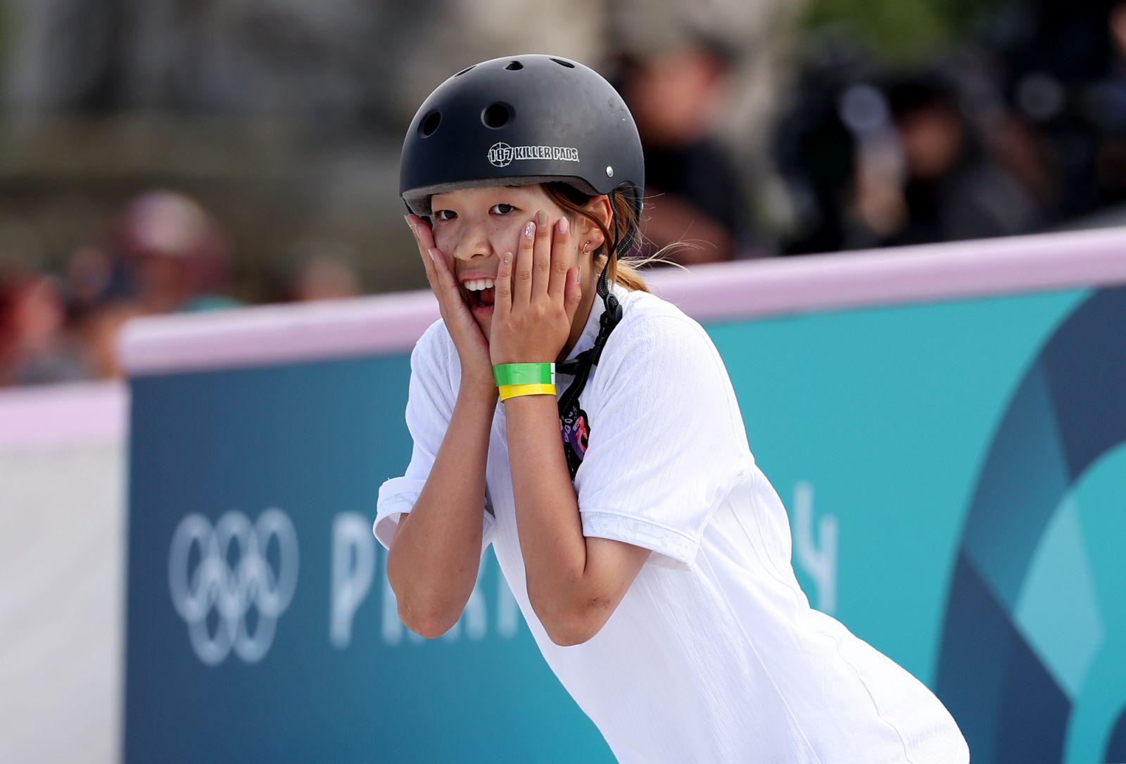 PARIS, FRANCE - JULY 28: Coco Yoshizawa of Team Japan reacts during the Women's Street Final on day two of the Olympic Games Paris 2024 at Place de la Concorde on July 28, 2024 in Paris, France. (Photo by Julian Finney/Getty Images)