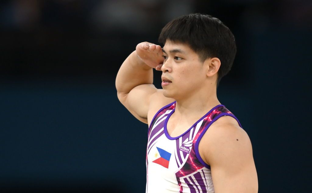 Carlos Edriel Yulo of Team Philippines during the Men's Floor Exercise Final at the Gymnastics Bercy Arena (Photo By Stephen McCarthy / Sportsfile via Getty Images)