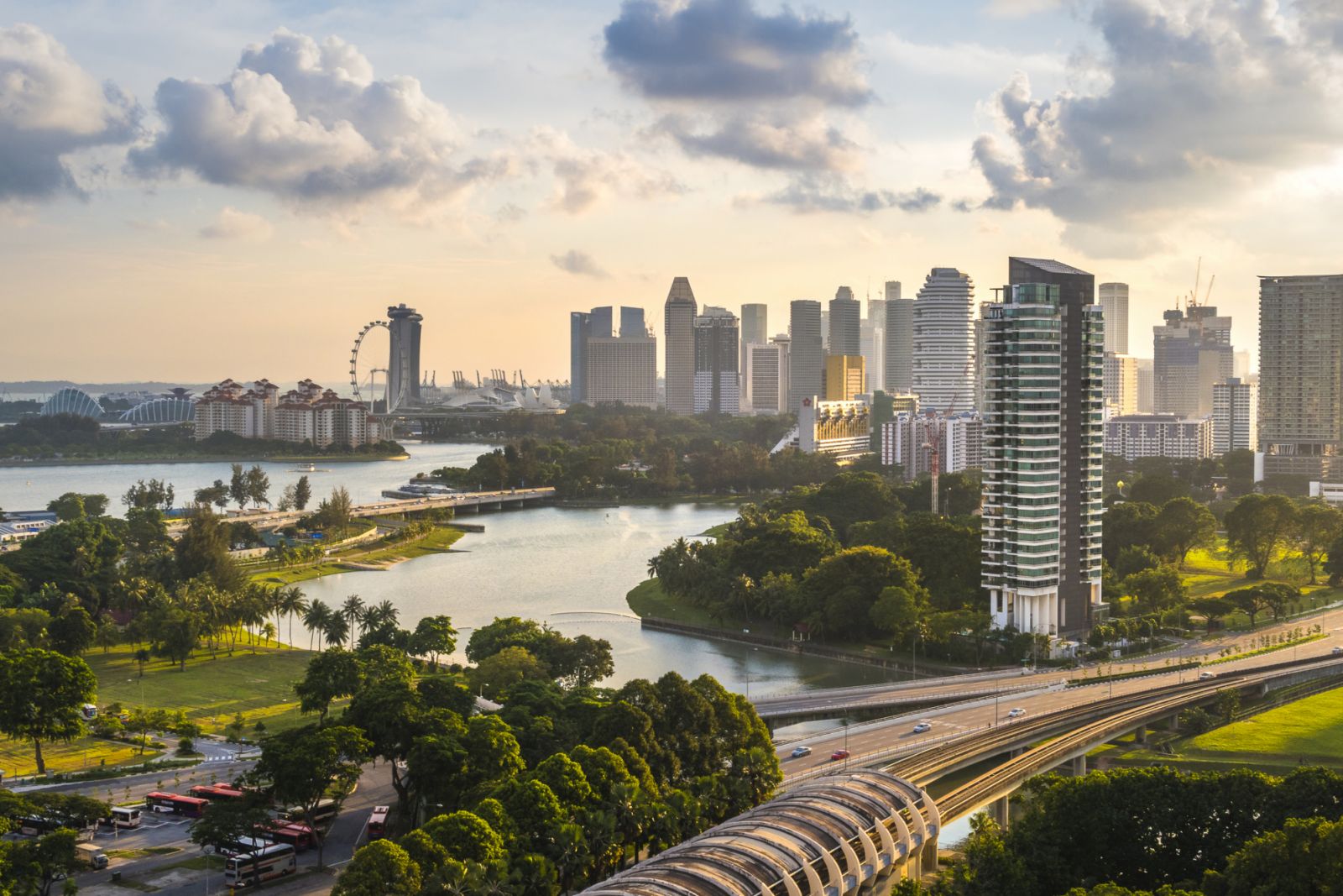 A high view point of Singapore buildings in central downtown district skyline, Singapore flyer and express highway