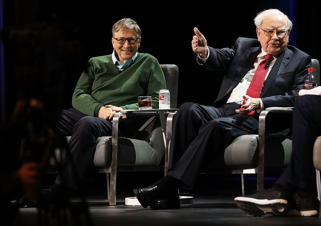 NEW YORK, NY - JANUARY 27: Bill Gates and Warren Buffett speak with journalist Charlie Rose at an event organized by Columbia Business School on January 27, 2017 in New York City. Gates and Buffett spoke on a range of topics including their friendship, business, philanthropy, global health, innovation, and leadership. (Photo by Spencer Platt/Getty Images)