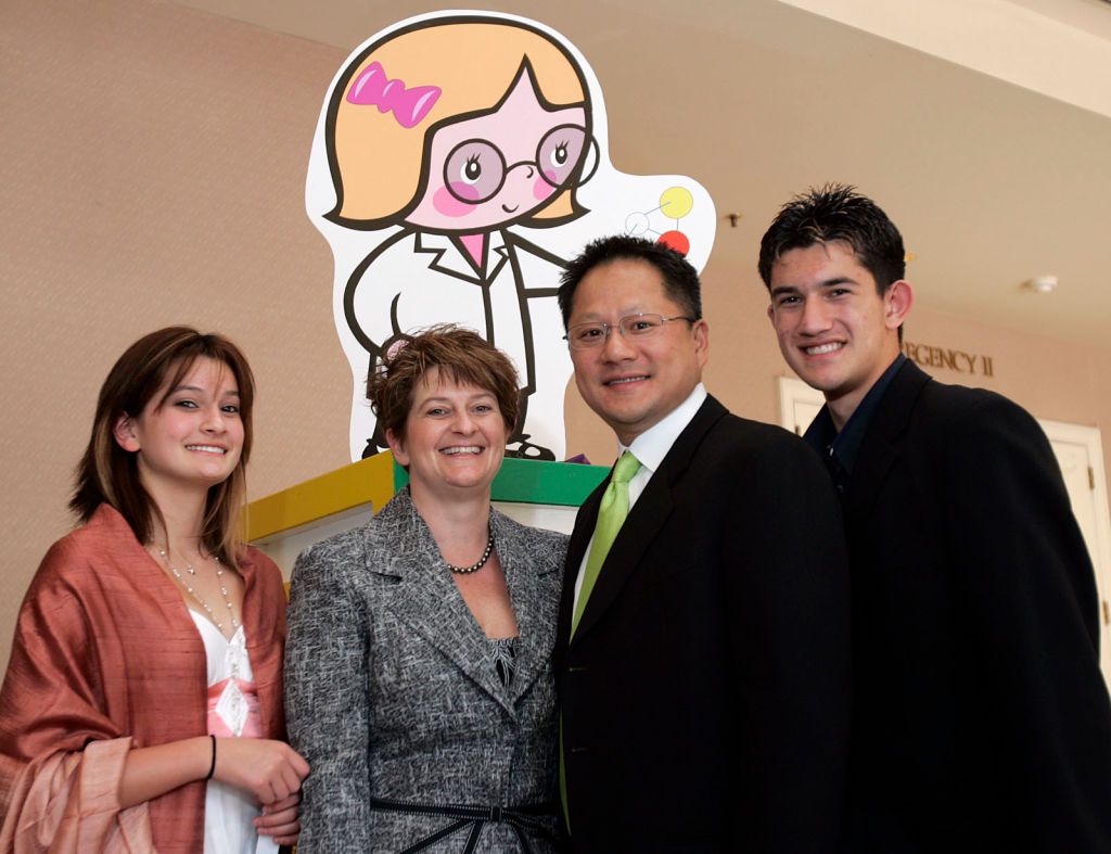 Jen-Hsun Huang, co-founder of Nvidia with his family, Madison, daughter, left,  Lori, wife, second left, and Spencer, son, right, (all names cq) during the reception of The San Jose Education Foundation annual Pioneer and Purpose Gala at the Fairmont Hotel on Thursday, May, 24, 2007, (Thu Hoang Ly/Mercury News) (Photo by MediaNews Group/The Mercury News via Getty Images)