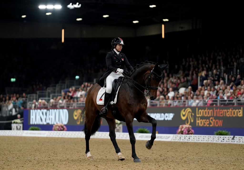 Blue Hors Zatchmo ridden by Caroline Chew during the FEI Dressage World Cup on day two of the London International Horse Show at ExCel London. Picture date: Thursday December 14, 2023. (Photo by Bradley Collyer/PA Images via Getty Images)