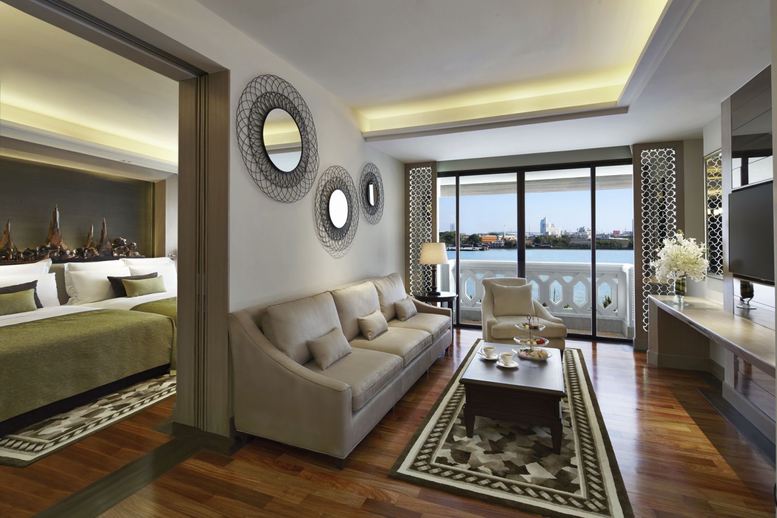 Two Bedroom River View Chao Phraya Suite living room at Anantara Riverside Bangkok Resort