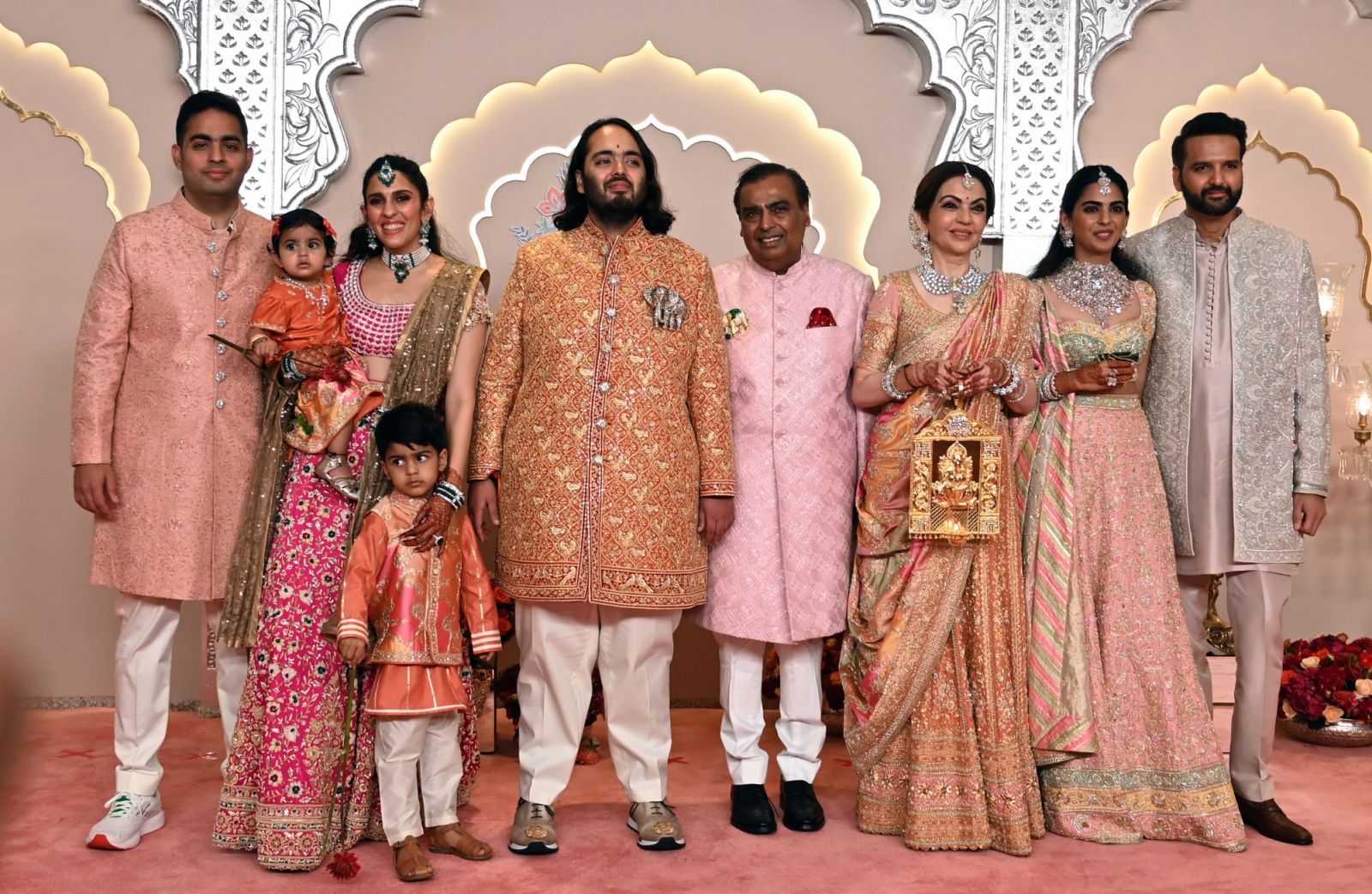 MUMBAI, INDIA - JULY 12: Ambani Family during the Wedding ceremony of Anant Ambani and Radhika Merchant at the Jio World Convention Centre, BKC on July 12, 2024 in Mumbai, India. (Photo by Raju Shinde/Hindustan Times via Getty Images)