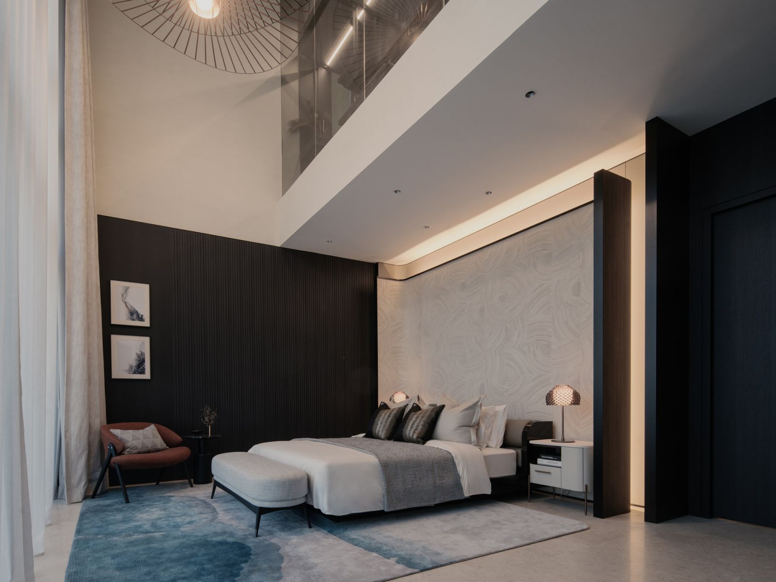 Black-stained timber walls envelop the master bedroom space