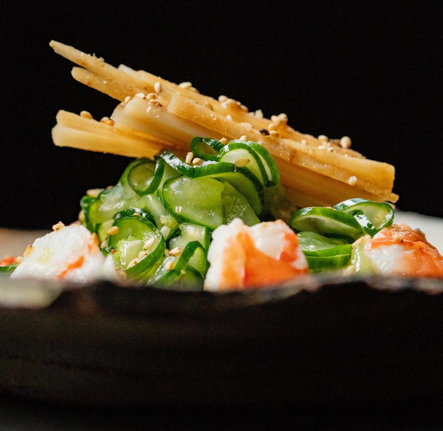 Jua - Cucumber and burdock with steamed tiger prawn and toasted sesame