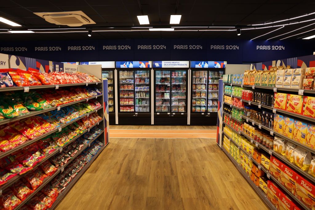 PARIS, FRANCE - JULY 24: A general view inside the Carrefour Supermarket at the Olympic Village during previews ahead of the Paris 2024 Olympic Games on July 24, 2024 in Paris, France. (Photo by Richard Pelham/Getty Images)