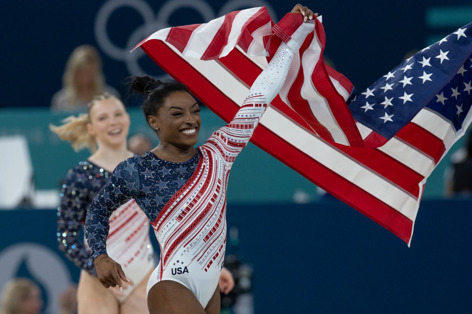 PARIS, FRANCE - JULY 30: Simone Biles of the United States celebrates winning the Gold Medal in the Women's Team Artistic Gymnastics Final on day four of the Olympic Games Paris 2024 at Bercy Arena on July 30, 2024 in Paris, France. (Photo by Steve Christo - Corbis/Corbis via Getty Images)